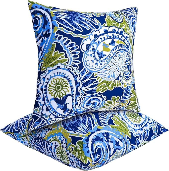 JMGBird Outdoor Throw Pillow Green Outdoor Pillows with Inserts Included | Water-Resistant Outdoor Pillows Set of 2, 18x18 inch Durable Green Paisley Pattern Throw Pillows with Inserts