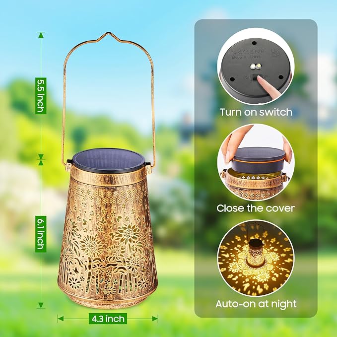 2 Pack Solar Lanterns Outdoor Waterproof, Birthday Gifts for Women Mom | Hollow-Out Metal Sunflower Lantern, 2 Lighting Modes, Outside Hanging Solar Lights for Christmas Decorations, Garden Decor