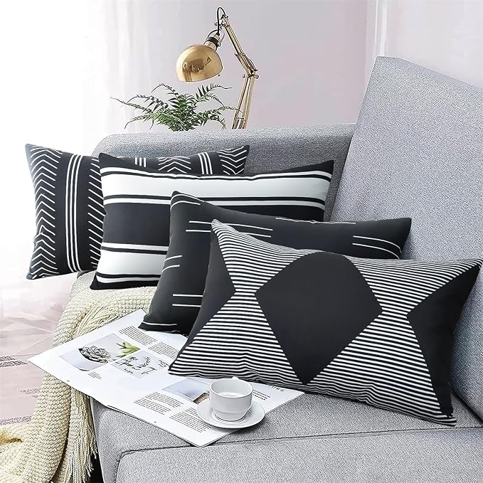 Adabana Set of 4 Outdoor Waterproof Pillow Covers 12x20 Black and White | Modern Geometric Throw Pillows Cover Decorative Boho Pillow Covers for Patio, Garden, Porch