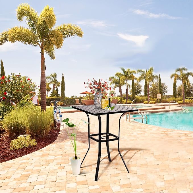 SUNCROWN Outdoor Patio Bar Height Table Bistro Square High Top Dining Table, Metal Frame, Umbrella Hole for Lawns, Poolside, Deck, Garden