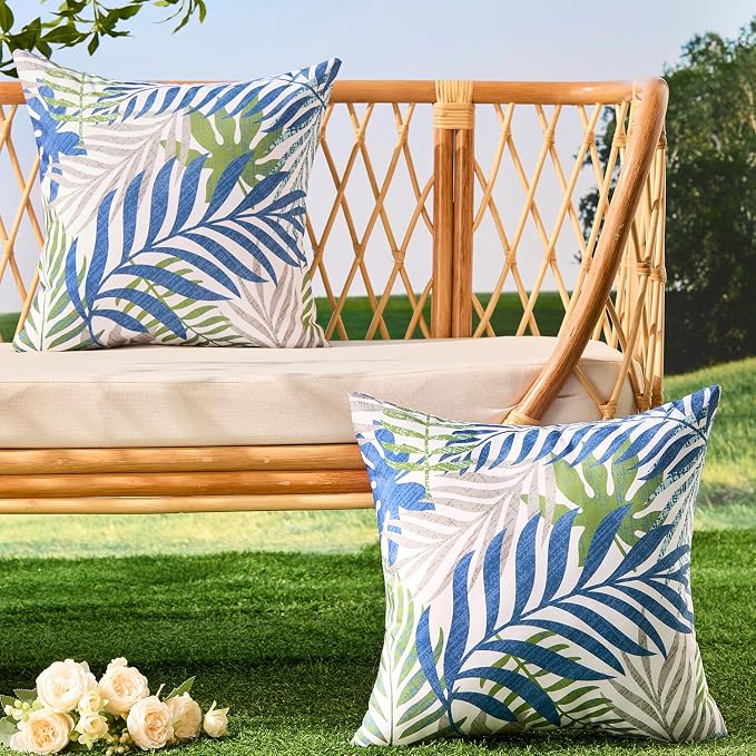 Outdoor Pillow Covers 18x18 Set of 2 Hawaii Tropics Palm Leaves Blue Green Gray Floral Pattern Decoration Pillow Covers for Spring Summer Outdoor Waterproof Garden Patio Sofa Bed Decor JB010-E18