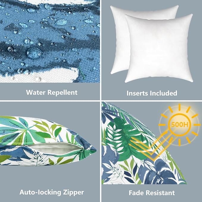 LVTXIII Outdoor/Indoor Throw Pillows, Decorative Throw Pillows with Inserts, 18"x18" Square Pillows for Bed, Couch, Sofa and Patio Furniture (Set of 2, Islamorada Blue Green)