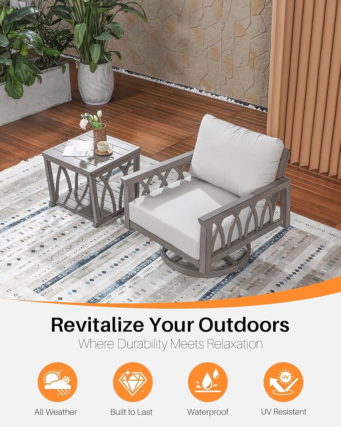 2-Piece Aluminum Outdoor Furniture Set, Swivel Patio Sofa Chair and Side Table Set, Outdoor Conversation Set with Cushions, Outside Patio Furniture Set for Garden, Balcony, Limed Oak