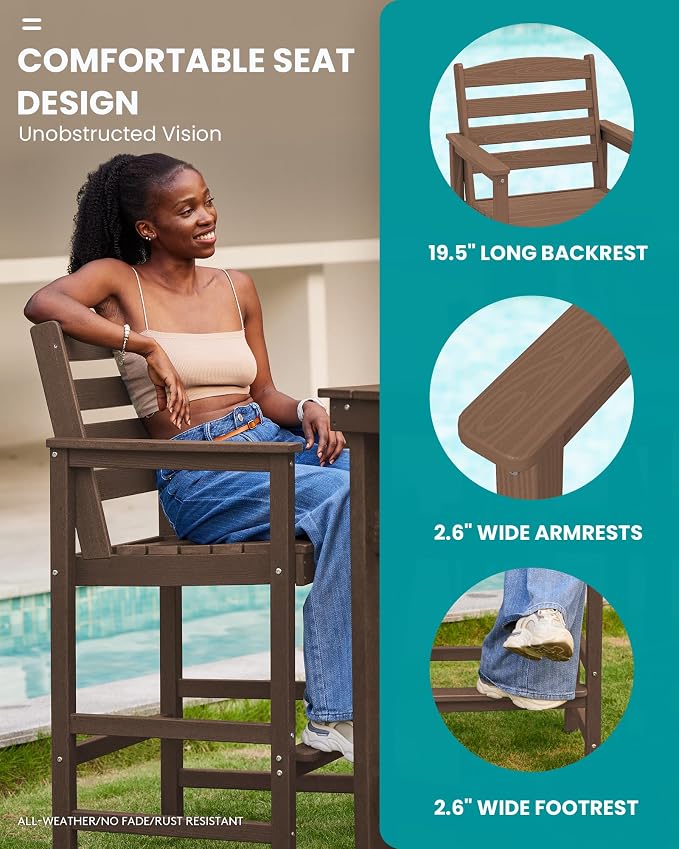 SERWALL Outdoor Bar Set - 2 Adirondack Bar Chairs & Bar Height Table with 1.6" Umbrella Hole, All-Weather HDPE Patio Furniture for Poolside, Backyard, Garden - Brown