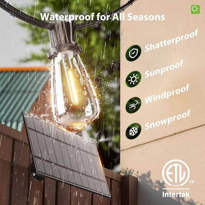 KYY 54(48+6) FT Solar String Lights Outdoor with USB Port Remote | Waterproof and Shatterproof Patio with Solar Powered Panel, LED Vintage Edison Bulbs, Heavy-Duty and UL Listed Market Lights