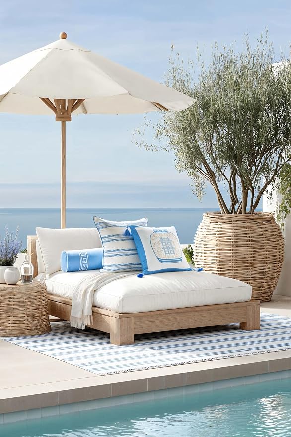 Hofdeco Premium Coastal Hampton Patio Indoor Outdoor Bolster Pillow Cover Only, 8"x24" Water Repellent for Backyard, Couch, Poolside, Azure Blue Embroidered Greek Key