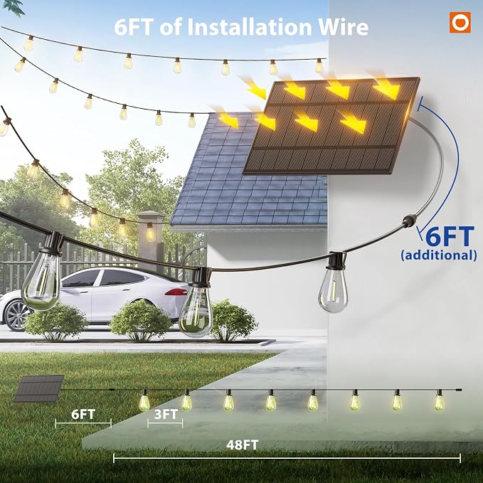 addlon 54FT(48FT+6) Solar String Lights Outdoor, Waterproof, Last 20+ Hrs | 16 Shatterproof LED Bulbs, USB Charging, Dimmable, Timer Remote, Easy Install for Garden, Backyard, Pergola and Party