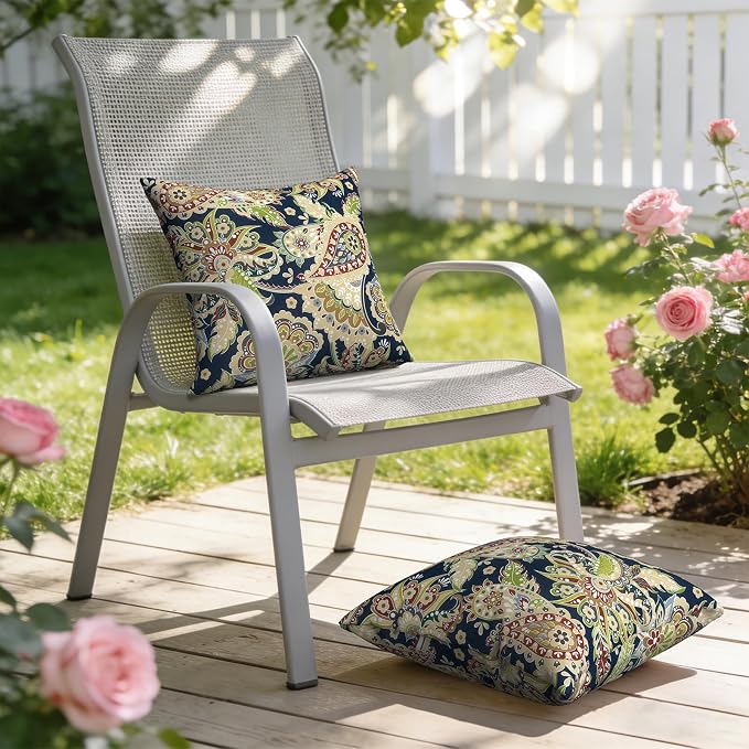 Outdoor Pillows with Insert 18x18 Inch, Waterproof Throw Pillow for Patio Furniture, Decorative Back Cushion for Garden Home Sofa Office Chair, Set of 2, Paisley Sapphire Blue