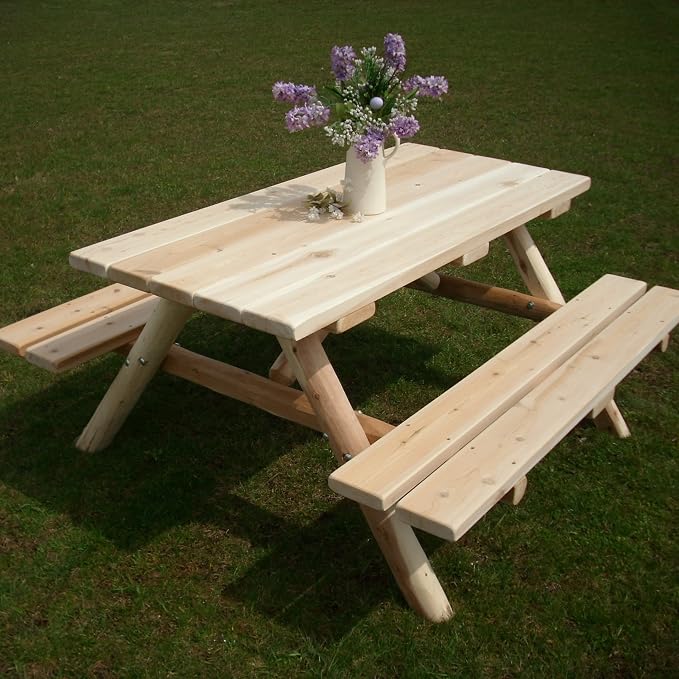 Furniture Barn USA White Cedar Log 5' Picnic Table with Attached Benches