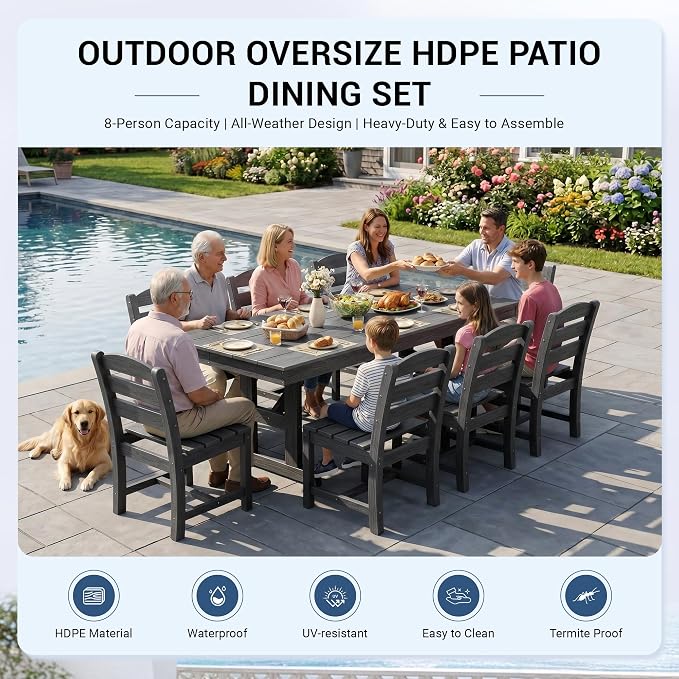 KINGYES Outdoor Armless Dining Chairs Set of 6,All-Weather HDPE Patio Chairs for Backyard,Pooside,Grey
