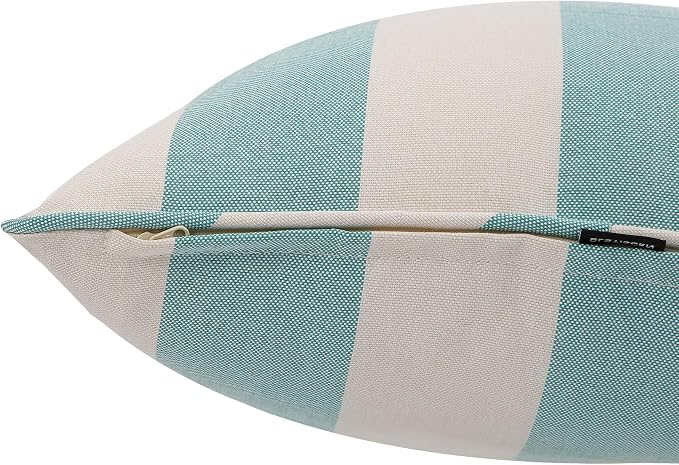 Outdoor Throw Pillow with Insert 18x18 Inch, Set of 2, Piping Edge Waterproof Fade Resistant Decorative Fluffy Pillows for Patio Furniture Chair Bench Couch Sofa - Teal Ivory Striped