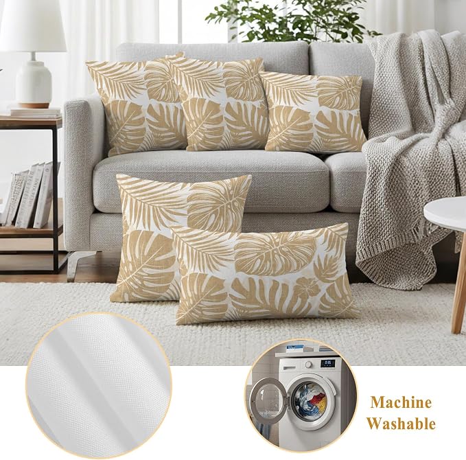 Khaki Palm Leaves Outdoor Pillow Covers 20"x12" Set of 2, Tropical Botanical Minimalist Modern Waterproof Throw Pillow Covers for Patio Furniture, Decorative Cushion Covers for Porch