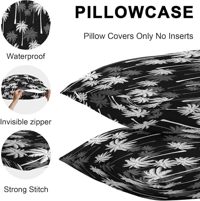Throw Pillow Covers 18x18 Inch Set of 2, Tropical Palm Tree Waterproof Outdoor Pillow Covers, Black White Plants Coastal Leaf Beach Decorative Cushion Pillowcases for Couch, Sofa, Bed, Garden, Patio