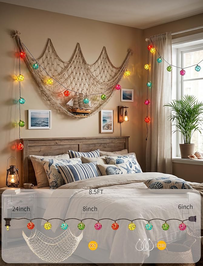 8.5 Ft 10L Multicolor Nautical Fishing Float String Lights Set of Fish Net | Waterproof，Plug in Beach Themed Buoy Lights for Indoor Party, Tiki Bar, Home, Camping Outdoor Patio Decorations
