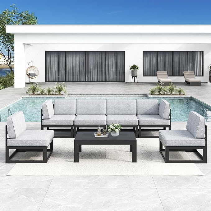 LayinSun Large Aluminum Patio Furniture Set, 7 Pieces Modern Outdoor Conversation Set Sectional Metal Sofa Set with Olefin Cushion