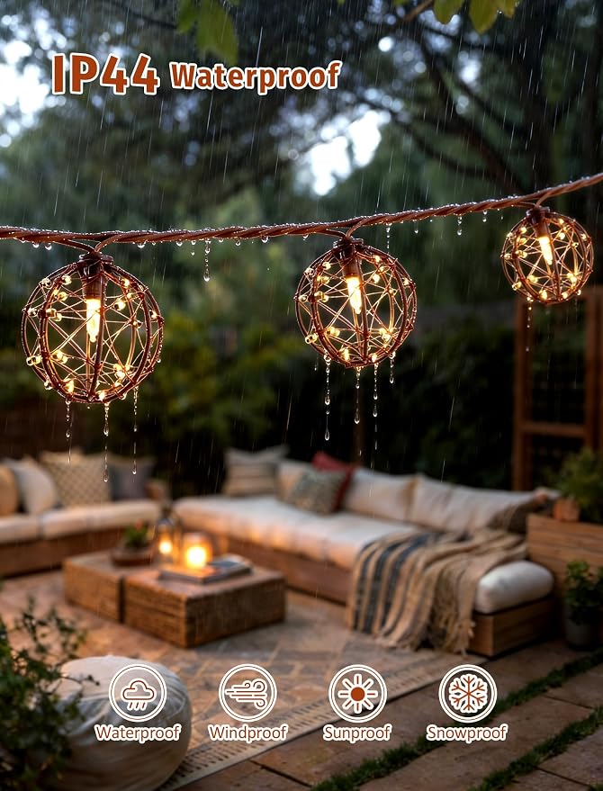 8.5Ft Outdoor Decor Patio Lights,10L Beaded Copper Wire Ball Lantern Lights | Connectable Weather-Resistant Indoor Outdoor Boho String Lights for Home Pergola Campings Porch Party Backyard