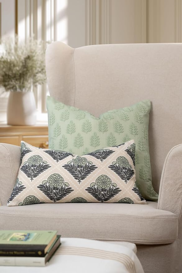 Crumbs Home Modern Farmhouse California Casual Indoor Outdoor Throw Pillow Cover, 20"x20" Water Repellent for Patio, Backyard, Couch, Poolside, Light Green Embroidered Leaves