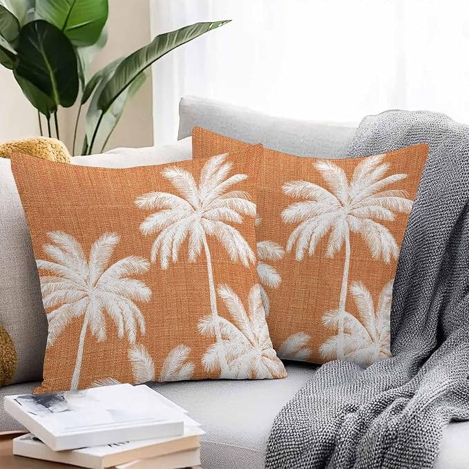 Outdoor Pillow Covers 24x24 Inch Set of 2, Burnt Orange Palm Trees Waterproof Throw Pillow Covers, Farmhouse Tropical Summer Beach Decorative Cushion Pillowcases for Couch, Sofa, Bed, Garden, Patio
