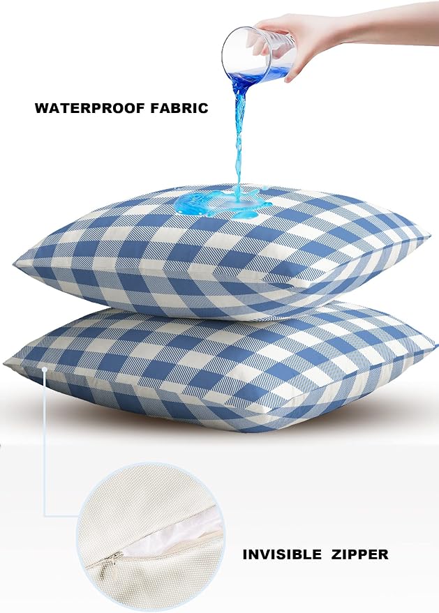 Outdoor Waterproof Throw Pillow Covers Set of 2 Buffalo Plaid Blue Check Pillowcases 16x16 Inches Farmhouse Style Patio Decorative Pillows Cushion Case Patio Pillows for Couch Bed Chair Garden