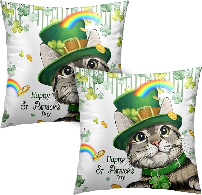 Happy St Patricks Day Pillows Covers 22x22 Pack of 2 Lucky Cat Clover Pillow Covers Rainbow Gold Coin Shamrock Decorative Pillow Cases Cushion Case for Living Room Couch Sofa