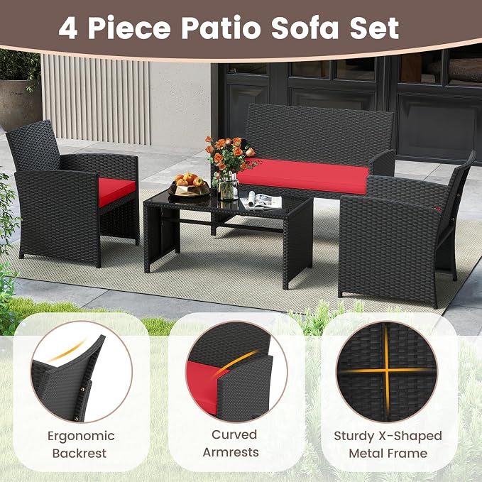 HAPPYGRILL 4 Piece Rattan Wicker Patio Conversation Set, Outdoor Furniture with Chair Loveseat Table & Cushion, for Backyard Porch Balcony (1, Black & Red)