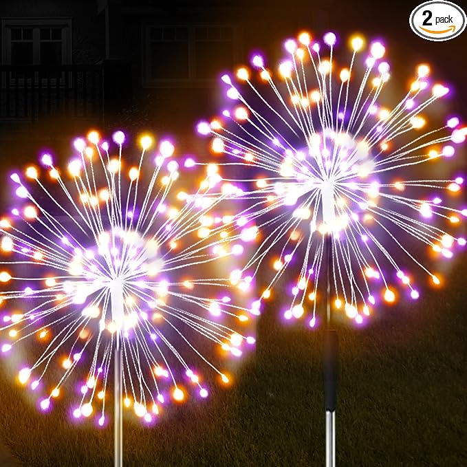 Solar Firework Lights, 2 Pack 120 LEDs 2 Lighting Modes Solar Garden Lights Outdoor Waterproof for Yard Patio Walkway Pathway Party Wedding Christmas Decorative - Orange and Purple