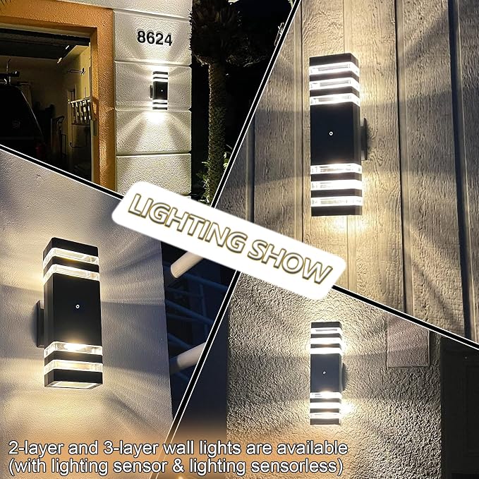 6 Pack Outdoor Wall Lights Dusk to Dawn Exterior Light Fixture, 3-Layer Black Outdoor Lights for House, IP65 Waterproof Up and Down Outside Porch Lights for Garage Patio, 3000K