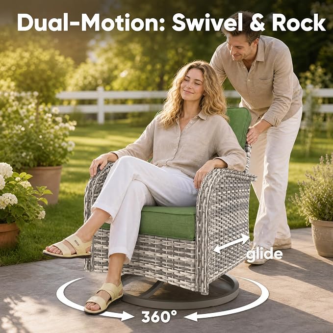 11-Piece Small Patio Furniture Set, Outdoor Swivel Rocking Chairs Set with Ottomans, Patio Bistro Set for Balcony, Deck, Porch, Grass Green