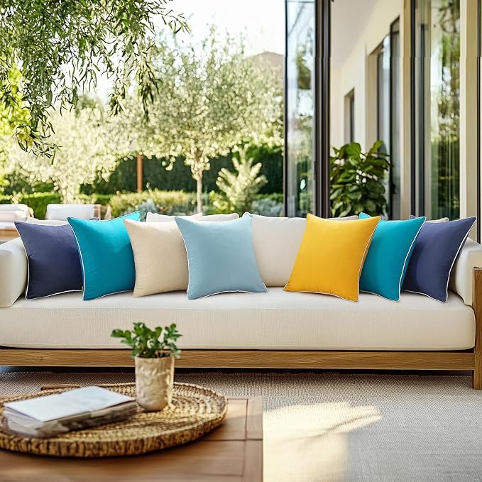 MIULEE Outdoor Waterproof Pillow Covers 18x18 Navy Pack of 2 | Decorative Farmhouse Throw Pillow Covers with Piping,Square Solid Color,Patio Furniture,Summer Couch Tent Sofa Living Room
