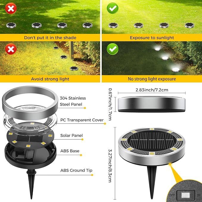 2 Pack Solar Ground Lights Outdoor, 8 LED Mini Flat Solar Disc Lights, IP65 Waterproof Pathway Lights Solar Powered, Landscape Lighting for Garden Walkway Driveway Yard Lawn,Cool White