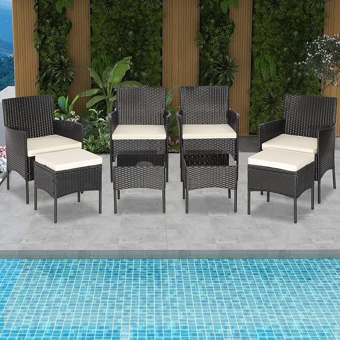 HAPPYGRILL 8 Piece Patio Furniture Set Outdoor Rattan Wicker Sofa Set with 2 Coffee Tables & 2 Ottomans, Rustproof Metal Frame, Soft Seat Cushions, Patio Wicker Conversation Set for Backyard Poolside