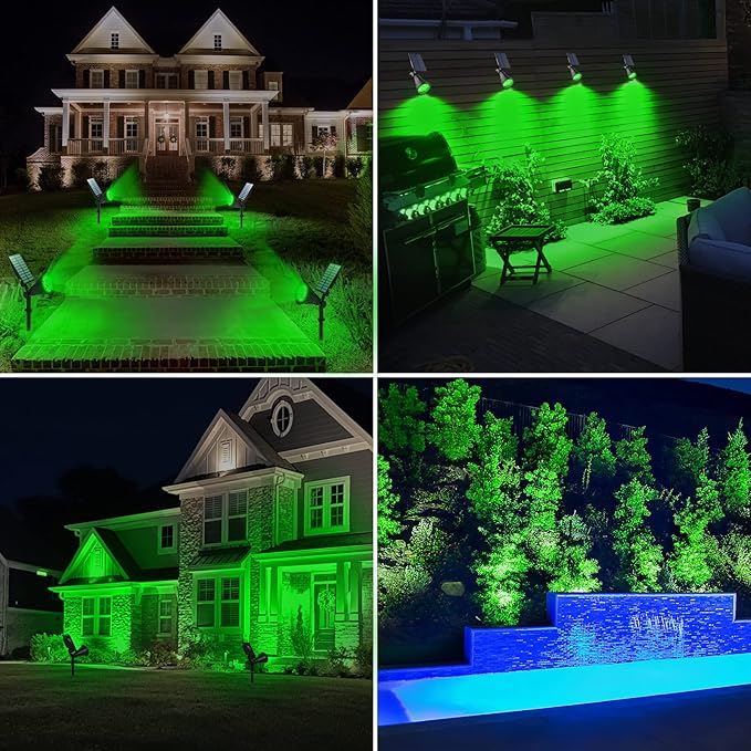 T-SUN Green Solar Spotlights, IP65 Waterproof Outdoor 4 LED Solar Garden Lights, Auto ON/Off Adjustable Wall Lights, 180°Angle Adjustable for Tree,Patio,Yard,Driveway,Stairs,Pool Area (Green-4 Pack)