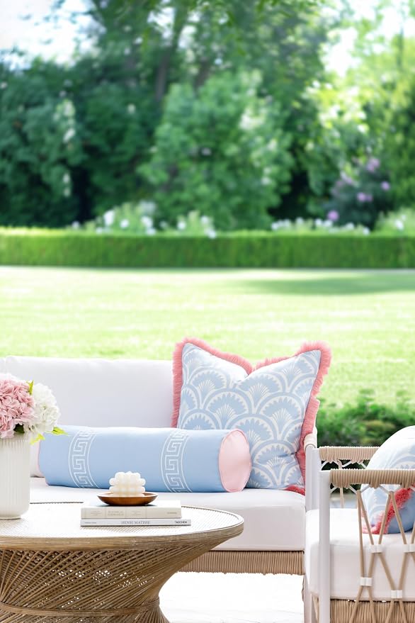 Hofdeco Premium Coastal Grandmillennial Patio Indoor Outdoor Bolster Pillow Cover Only, 8"x24" Water Repellent for Backyard, Couch, Poolside, Baby Blue Pink Embroidered Greek Key