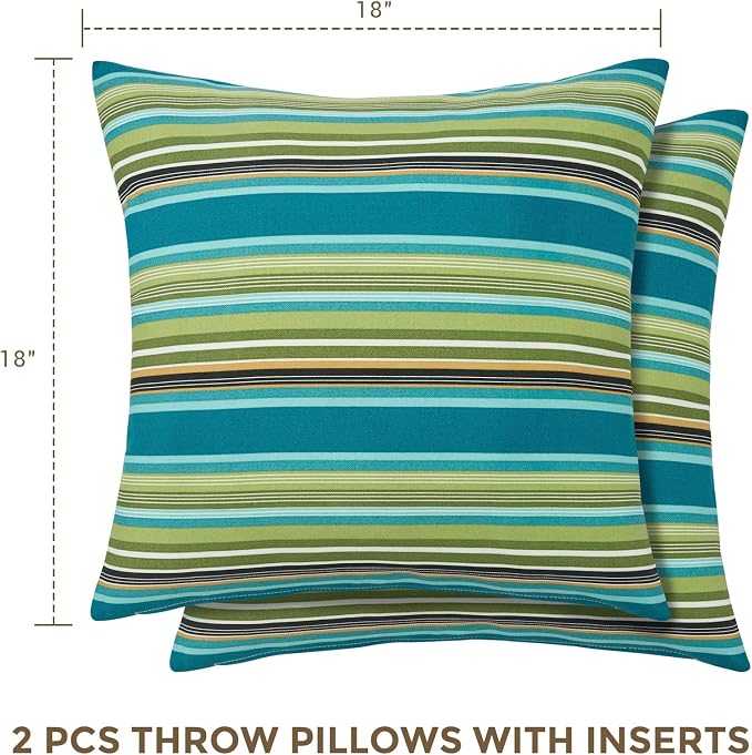 Throw Pillow with Insert, Set of 2, Outdoor Indoor Waterproof Decorative Patio Throw Pillow 18x18 Inch, Square Cushion for Couch Sofa Garden Farmhouse Decoration-Green Stripe