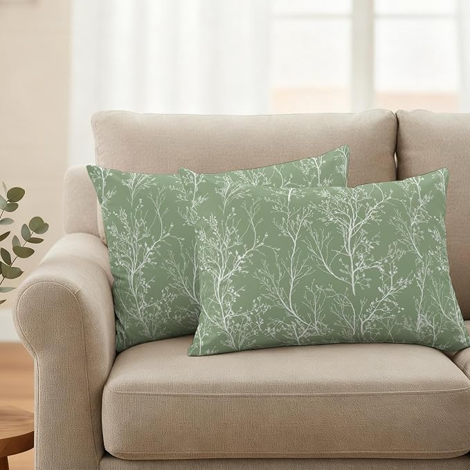 Sage Green Branches Waterproof Outdoor Pillow Covers Set of 2 Home Decor, Abstract Art Leaves Plant Lumbar Pillowcase Patio Pillow Covers for Couch Bench Patio Furniture Garden 20x12in