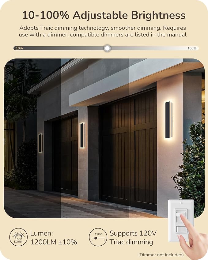 EDISHINE Upgraded 23.6" LED Modern Dimmable Linear Outdoor Wall Light 2pcs | Adjustable Brightness & Color Temperature, IP65 Waterproof, Memory Function, Long Exterior Lighting Fixtures for Garage