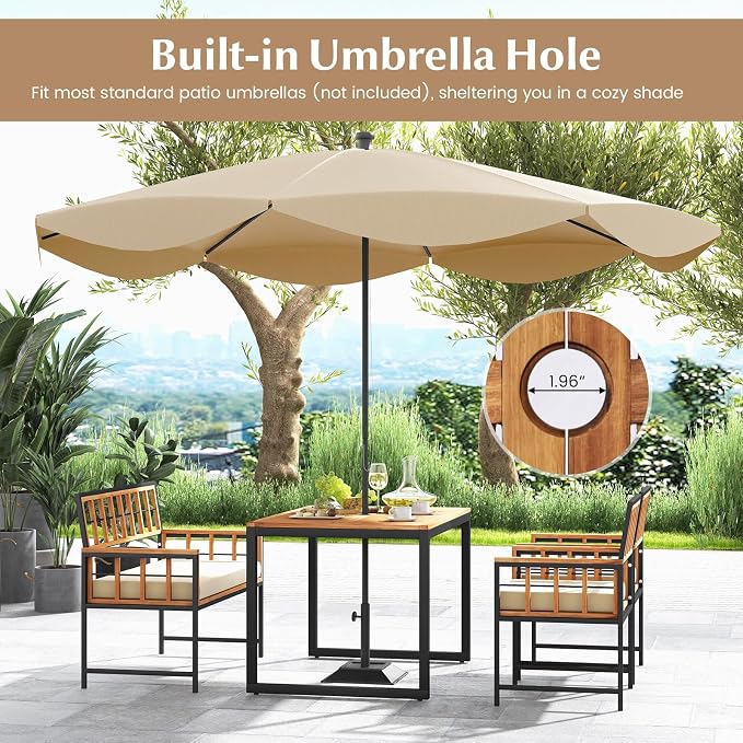 HAPPYGRILL 4 Pieces Wood Patio Dining Set with 1 Table, 1 Loveseat and 2 Armchairs, Outdoor Table and Chairs with 1.96" Umbrella Hole and Comfortable Cushions for Backyard, Deck and Poolside