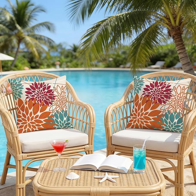 OTOSTAR Outdoor Orange Red Pillow Covers 20x20 Inch Set of 2 Cyan Flower Throw Pillows Farmhouse Geometric Dahlia Floral Square Cushion Case Waterproof Decor for Sofa Patio Funiture Garden
