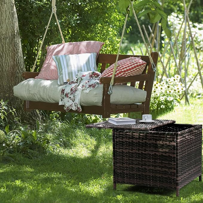 VINGLI Outdoor Side Table with Storage, 27-Gallon Patio Deck Box Outdoor Wicker Side Table for Poolside Balcony Storage Table (Brown, Square)