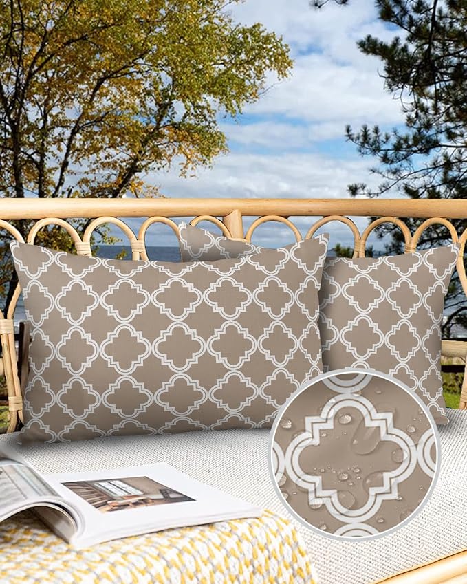Outdoor Waterproof Pillow Covers for Patio Furniture Moroccan Pattern Decorative Throw Pillow Cover Beige Pillowcases Set of 2 Cushion Case for Sofa Couch Chair Home Decor 20x12 inch