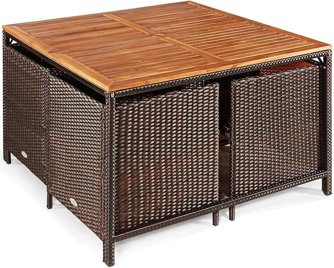 HAPPYGRILL 9PCS Patio Dining Set Outdoor Dining Furniture Set with Cushioned Seating, Space-Saving Dining Table with Acacia Wood Tabletop Wicker Chair and Ottoman Sets for Backyard Garden Poolside