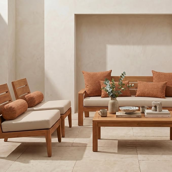 RSH DECOR: 6-Pack Pillow Set | Sunbrella Performance Fabric |Water & Fade-Resistant| 17" Square, 20"x12" Lumbar, 20"x6" Neck Roll | Outdoor Pillows for Patio Furniture | Made in USA (Simone Sinnabar)