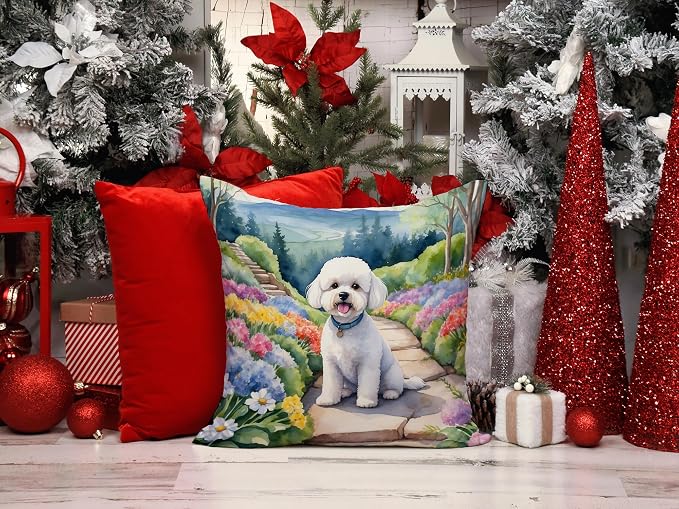 Caroline's Treasures Bichon Frise Spring Path Throw Pillow Machine Washable, Indoor Outdoor Decorative Pillow for Couch, Bed or Patio, 14Hx14W
