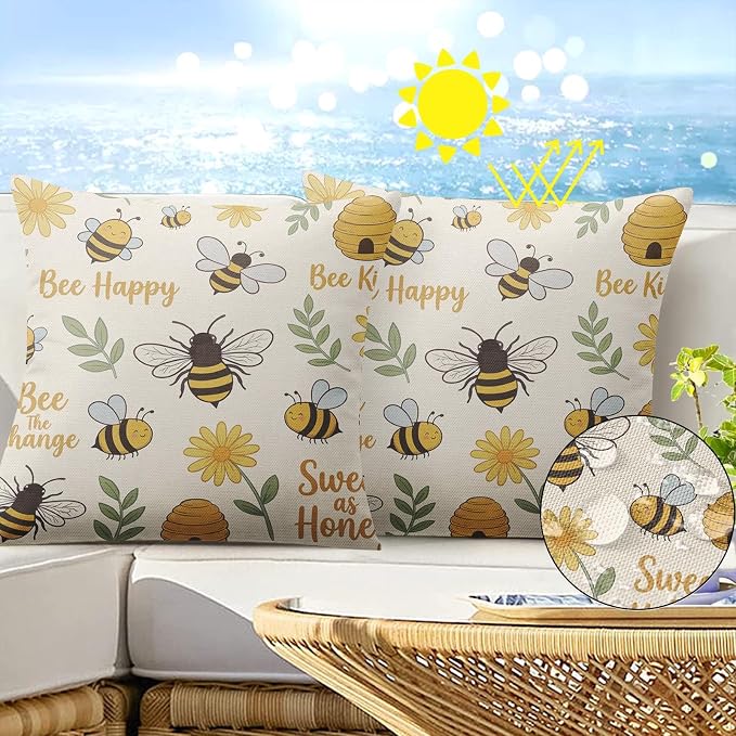 Throw Pillow Covers, Bee Sunflower, Set of 2, 18 x 18 Inch | Motivational Yellow Outdoor Waterproof Square Cushion Case Pillowcase Farmhouse Garden Decorative Pillows for Couch
