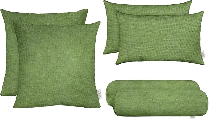 RSH DECOR: 6-Pack Pillow Set | Sunbrella Performance Fabric |Water & Fade-Resistant| 17" Square, 20"x12" Lumbar, 20"x6" Neck Roll | Outdoor Pillows for Patio | Made in USA (Cork Meadow Pistachio)