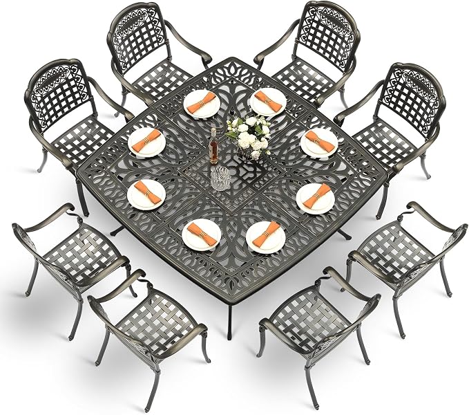 VIVIJASON 9-Piece Outdoor Dining Set, Cast Aluminum Retro Patio Furniture Table and Chairs Set for 8, Include Large 64" Square Dining Table and 8 Chairs with Umbrella Hole for Balcony Garden