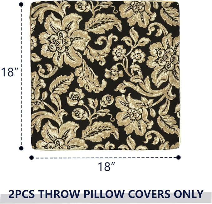 Outdoor Throw Pillow Covers 18x18 Inch, Decorative Pillow Covers for Patio Furniture, Jacobean Black Modern Cushion Cases for Garden Couch Home Sofa, Pack of 2