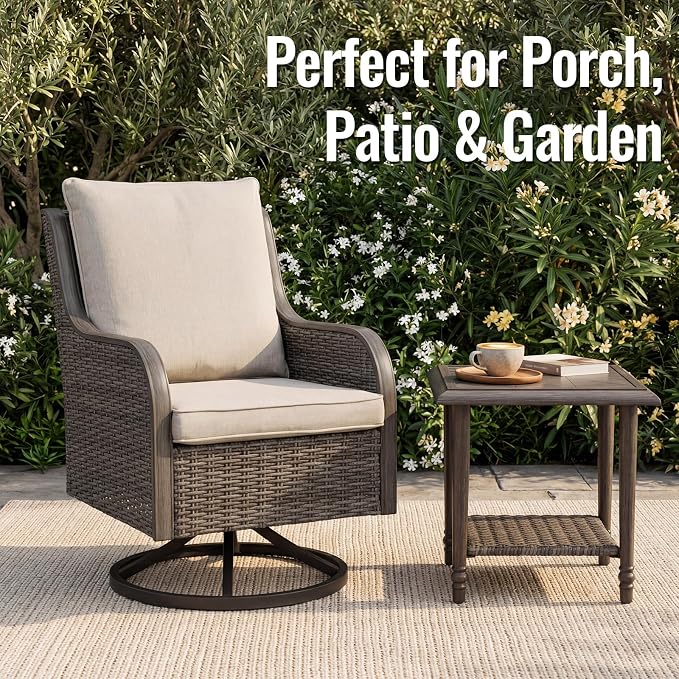 3 Pieces Patio Furniture Sets-Swivel Patio Chairs with High Back Cushions and Wicker Outdoor Side Table,All Weather Patio Conversation Set for Garden Backyard Porch Deck