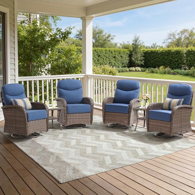Luxury Wicker Patio Furniture Set with 6-Inch Thick Cushions, 6 Pieces Outdoor Swivel Rocker Patio Chairs Set of 4 with Rattan Side Table, Ooutdoor Patio Conversation Sets for Garden Porch Deck, Blue