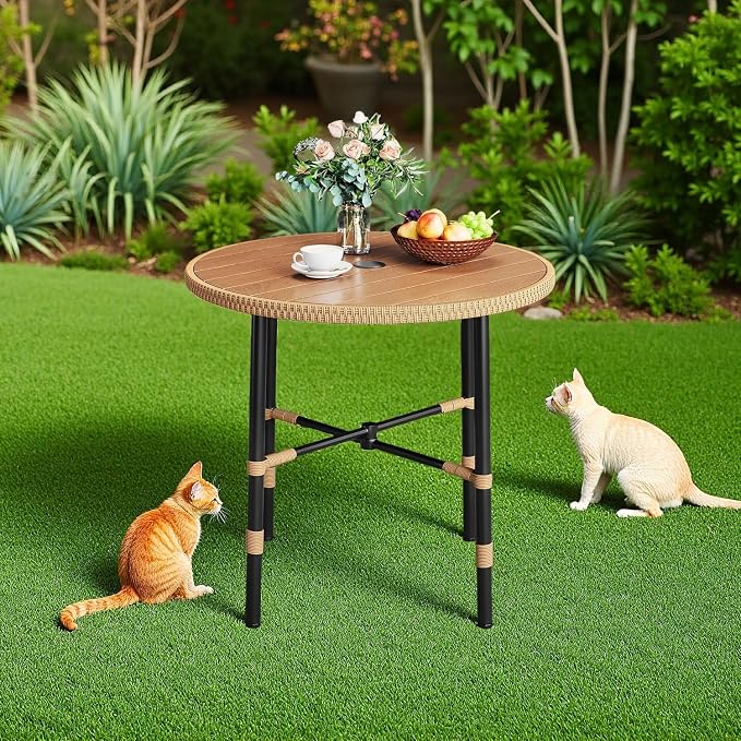 DWVO Outdoor Patio Dining Table Round for 4 35.4" Outdoor Tables with Umbrella Hole & Adjustable Levelers All-Weather Bistro Table with Metal Frame for Lawn Garden Backyard